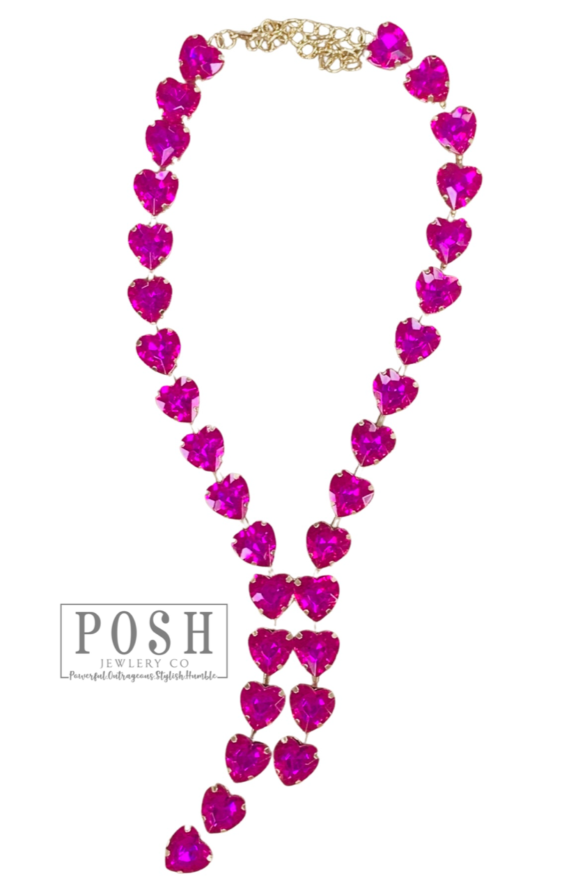 Rhinestone heart lariat necklace: Fuchsia