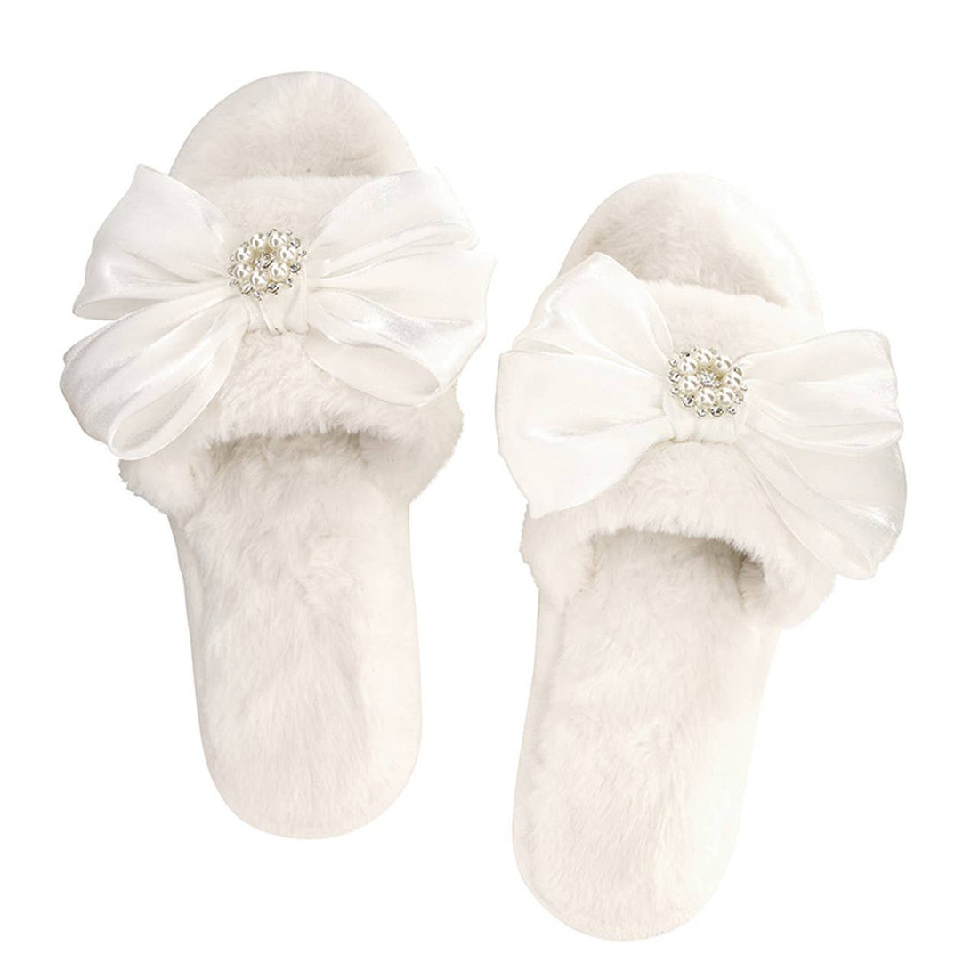 Bella Bridal Plush Slippers - White Crystal Bow: Base Material: 100% Polyester