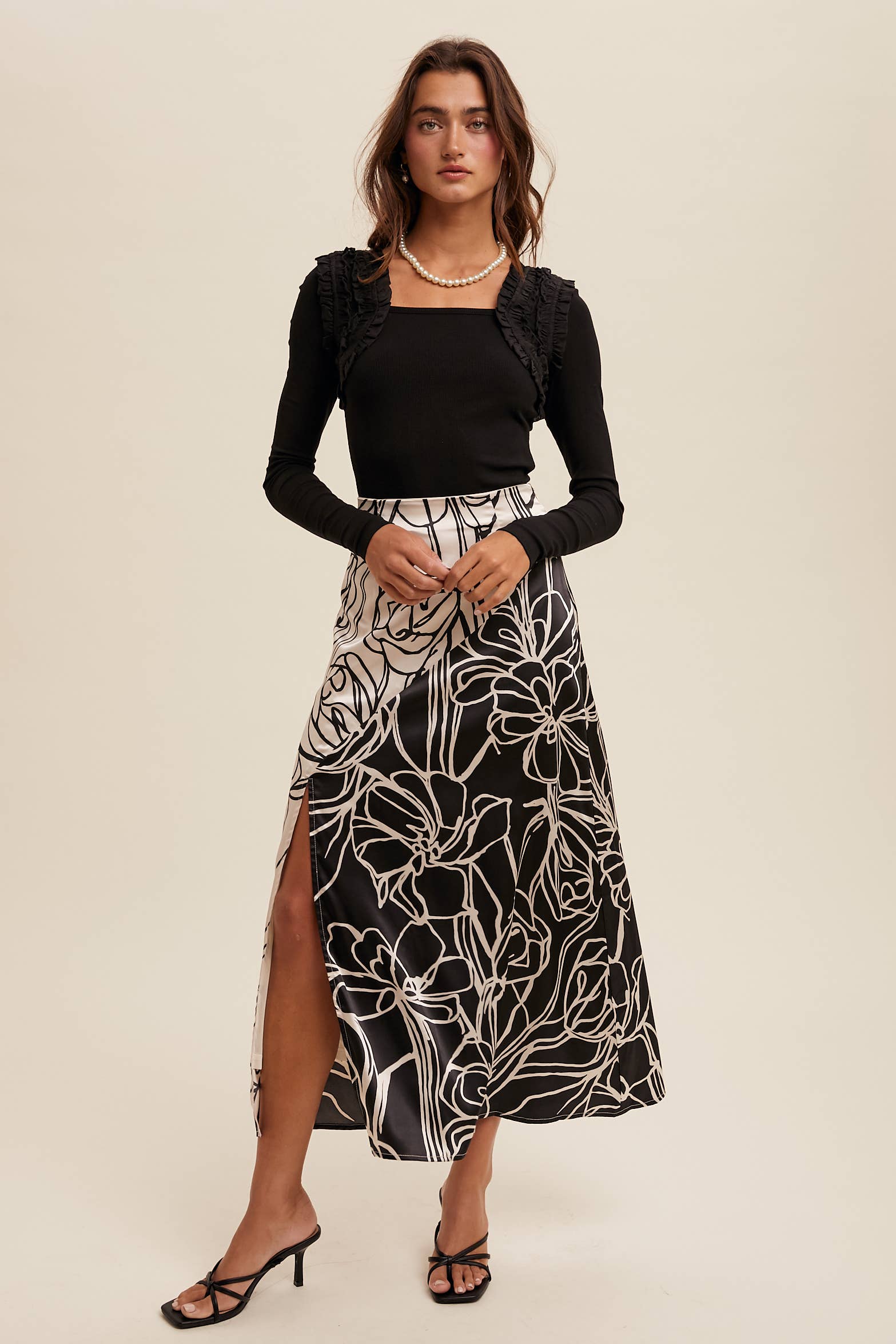 Square Neck Ruffle Accent Top: Black / M