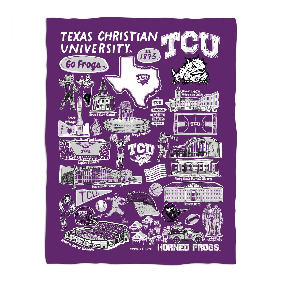 TCU Horned Frogs Hand Sketched Minky Blanket: Purple