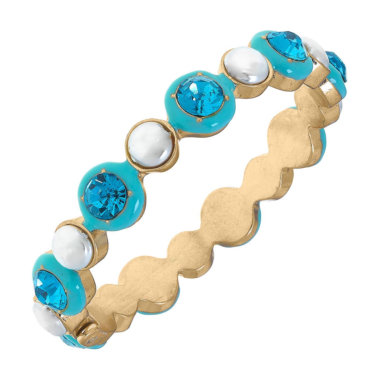 Eva Rhinestone and Pearl Hinge Bangle: Aqua by Canvas Style