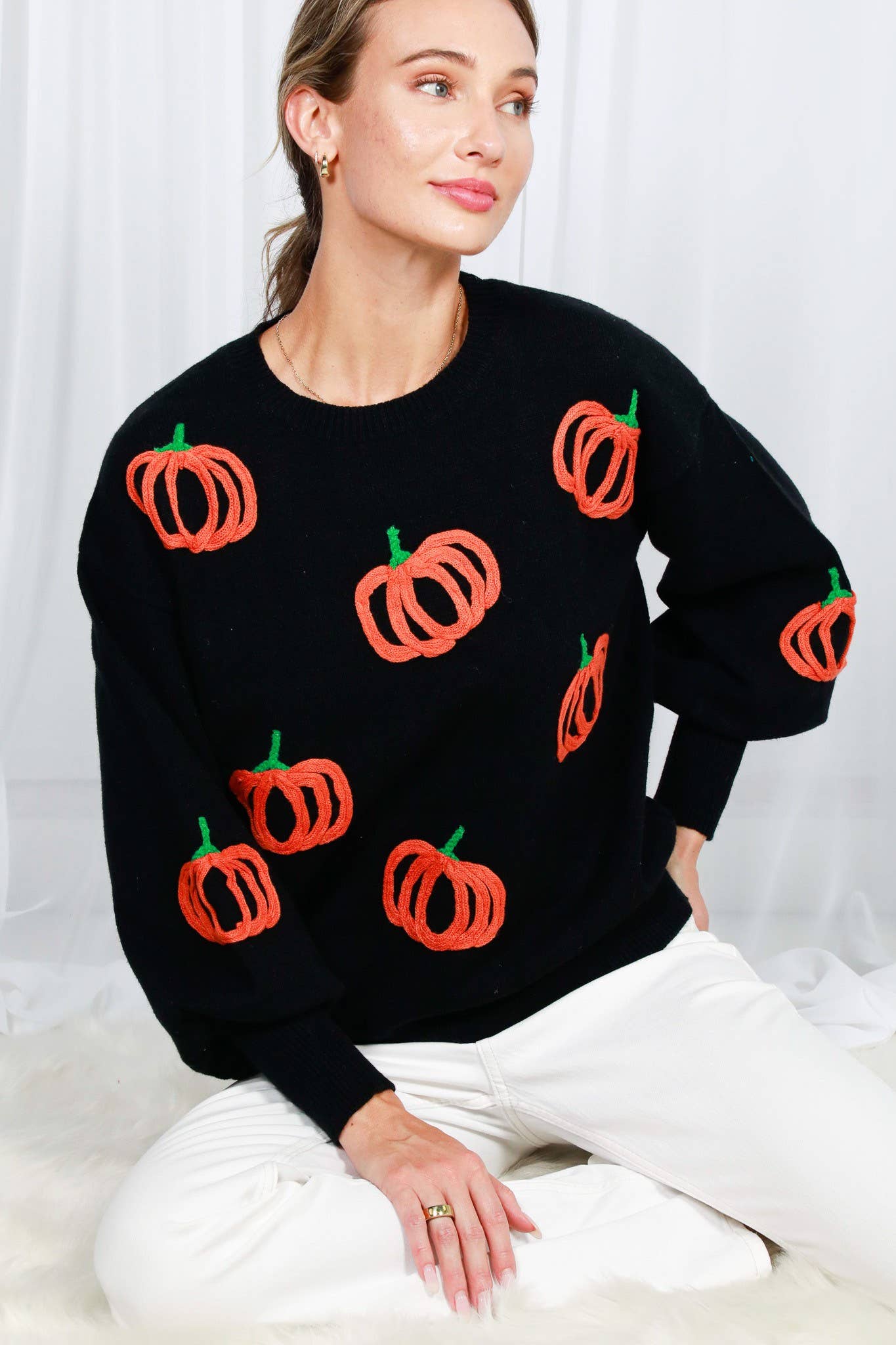 Pumpkin Embroidered Crew Neck Knitted Sweater Top VT82559: Pumpkin / L