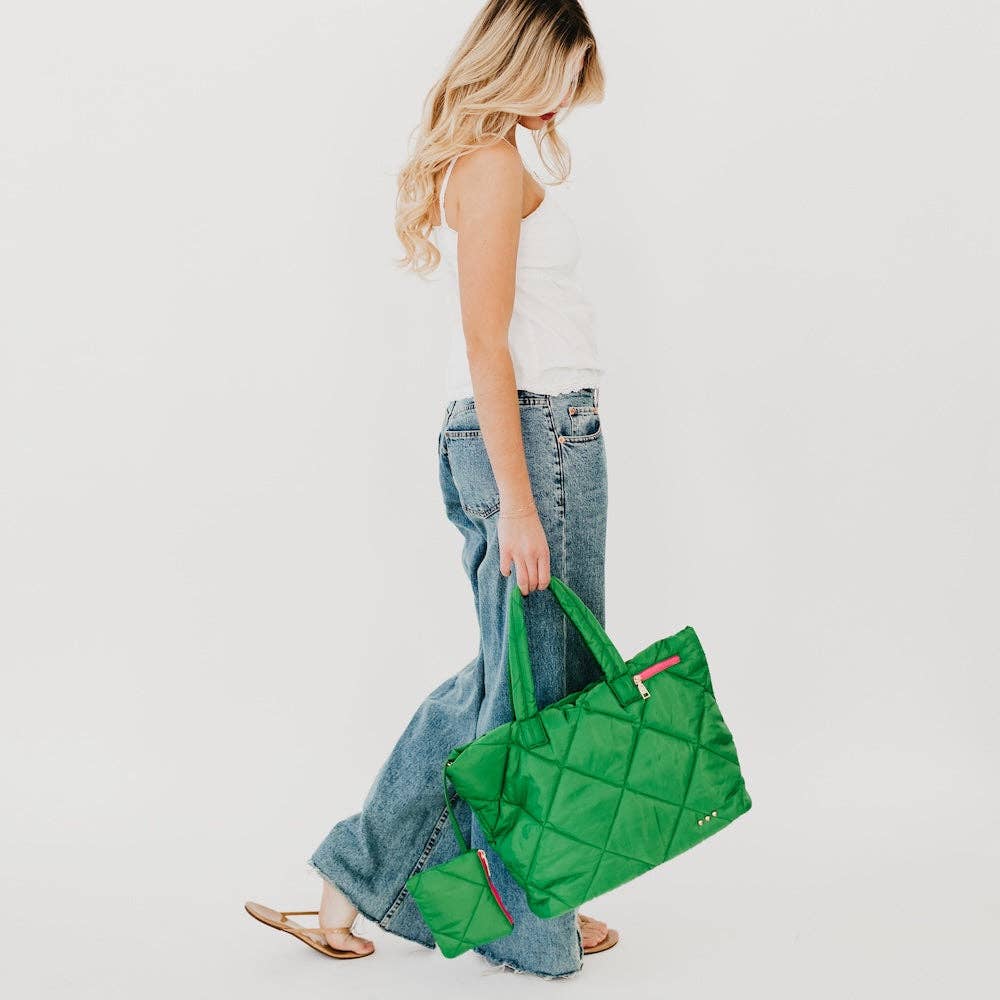 Presley Puffer Quilted Tote Bag With Pouch: Blue