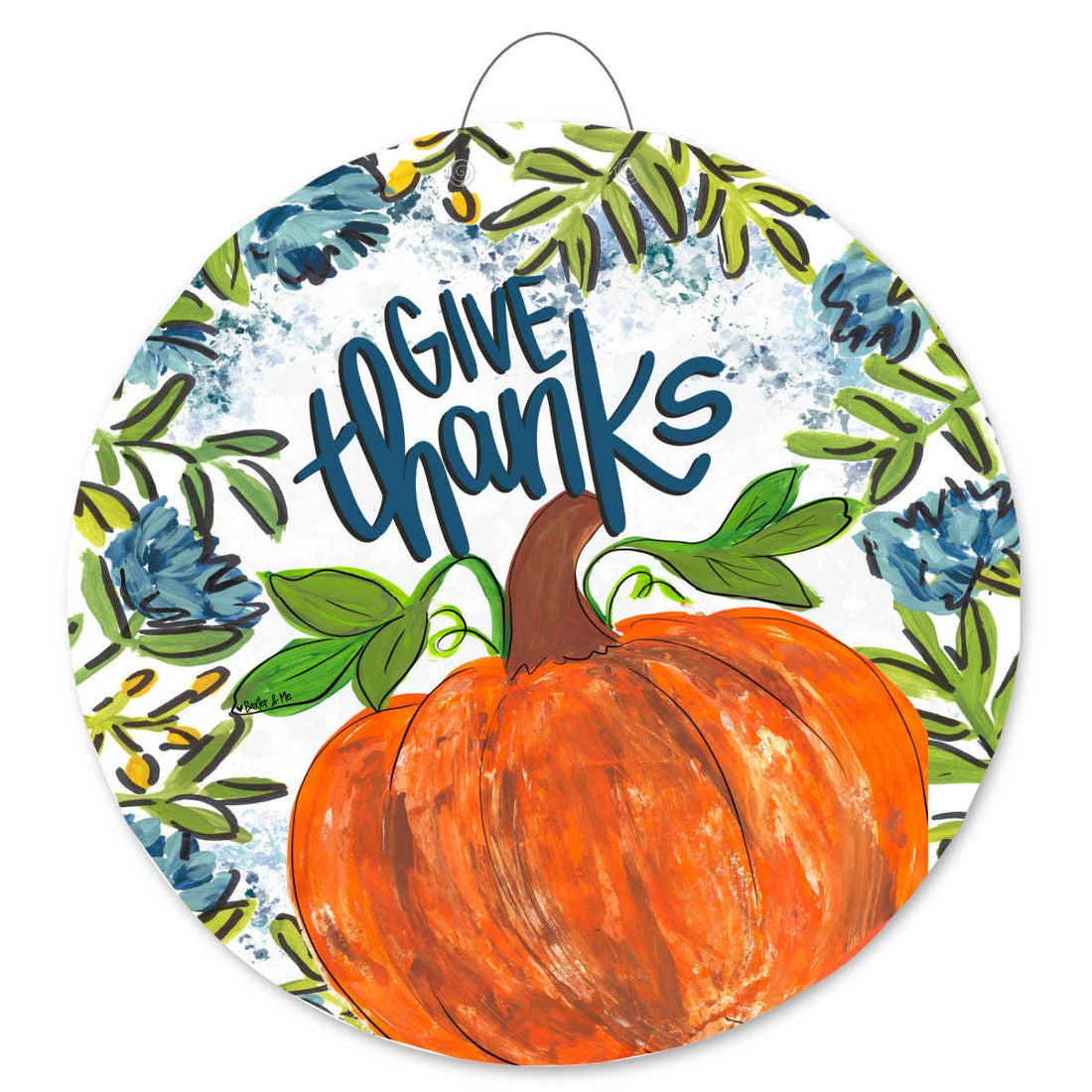 Blue Give Thanks Pumpkin Floral Door Hanger by Baxter & Me