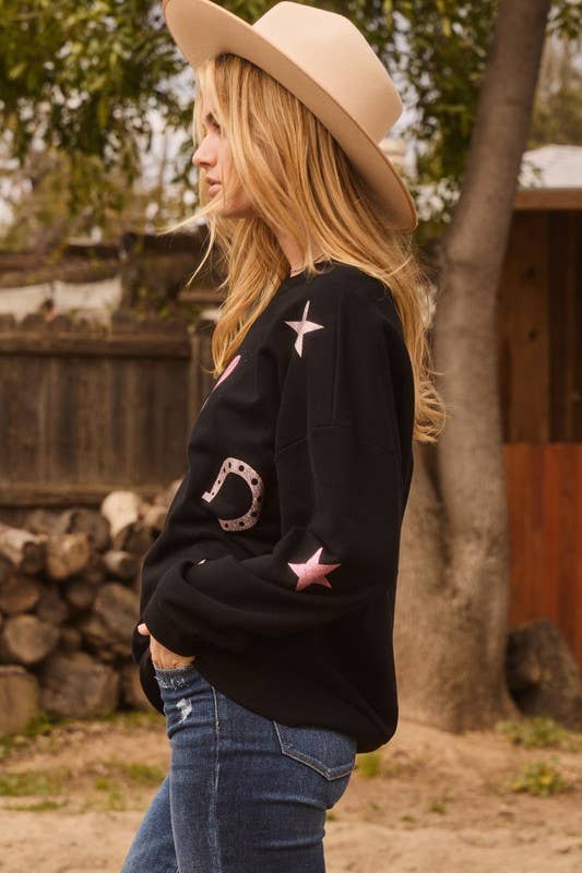 Cowboy Glitter Printed Sweatshirt: Black