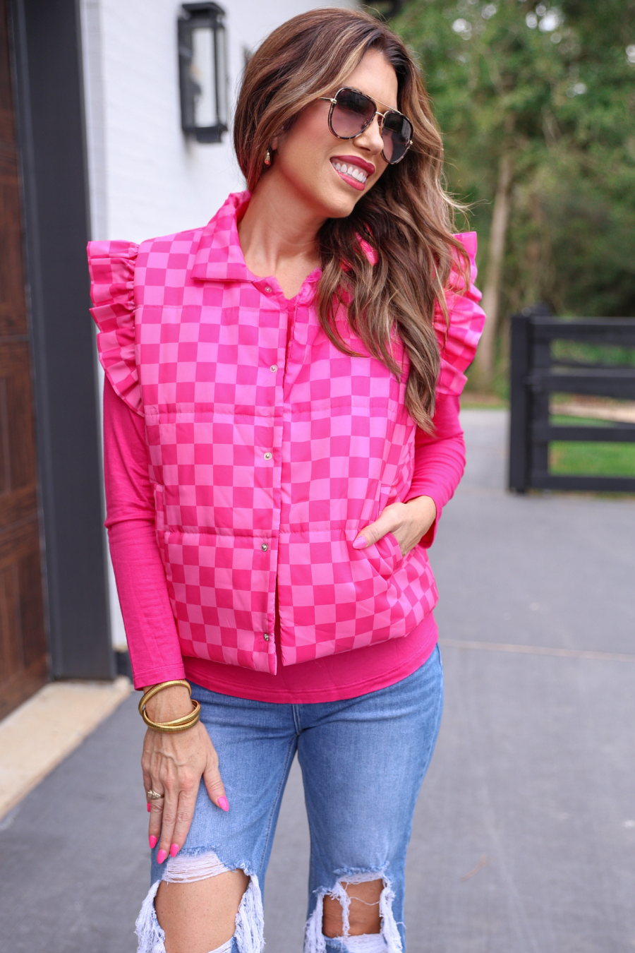 Caroline Checkered Puffer Vest: Pink
