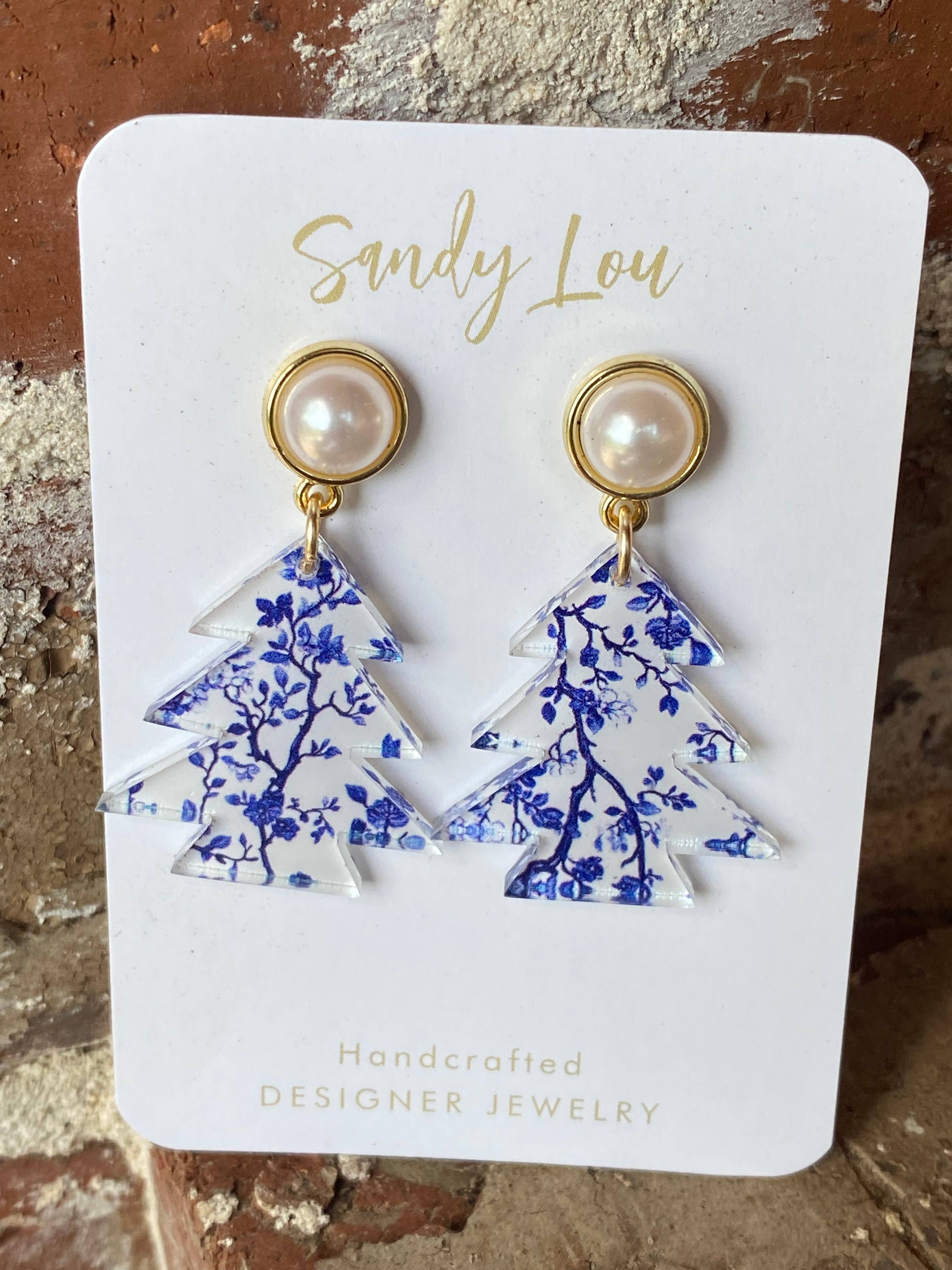 Blue Willow Festive Holiday Tree Earrings: Small 1.5"