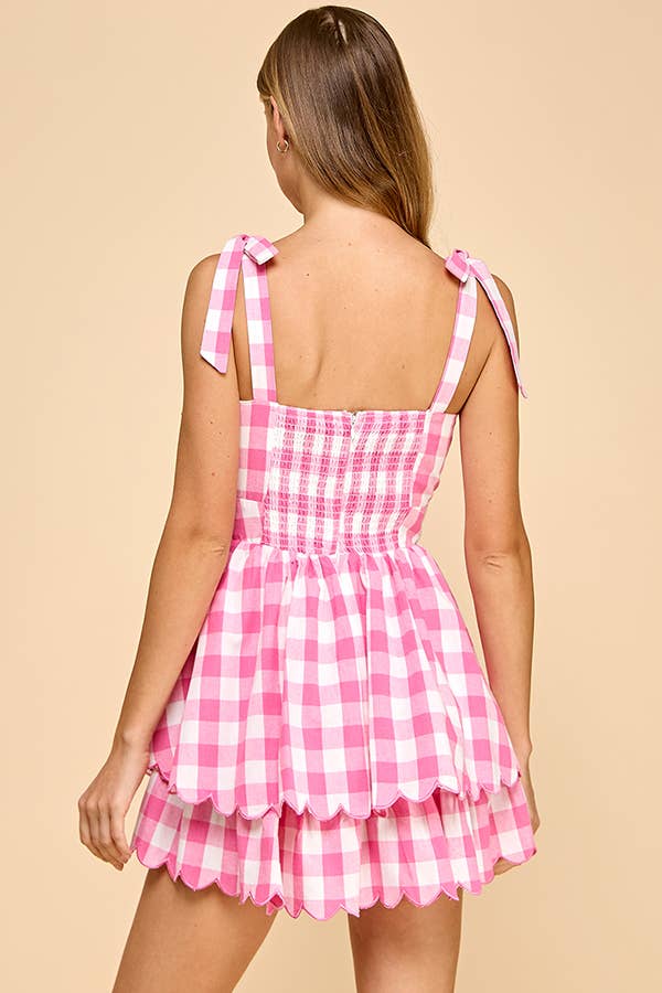 Plaid dress with scallop detail with tied shoulder strap: Baby PINK