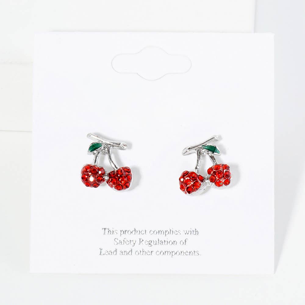 Rhinestone Pave Cherry Stud Earrings RED