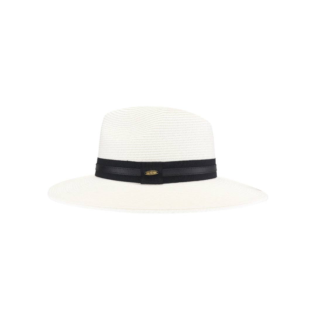 Ribbon and Leather Band C.C Panama Hat PNH0041: White
