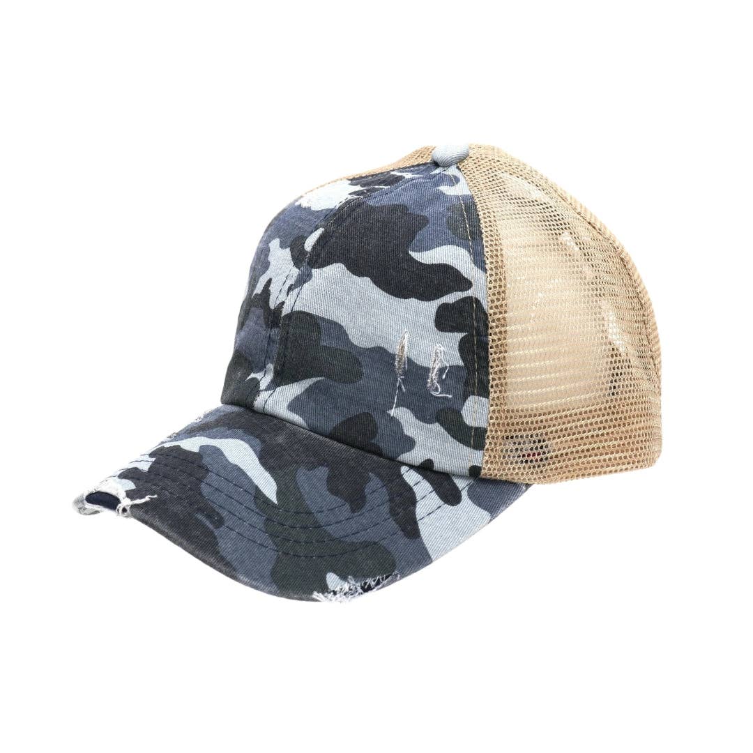 Distressed Camouflage Criss-Cross High Ponytail CC Ball Cap BT783: Blue