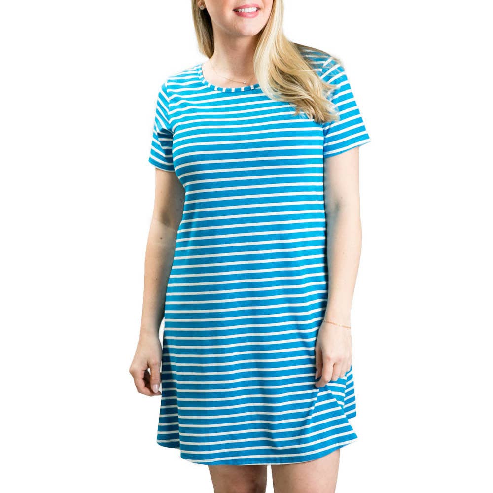 Gwen T-Shirt Dress -Blue with white stripes / Large by Top it Off