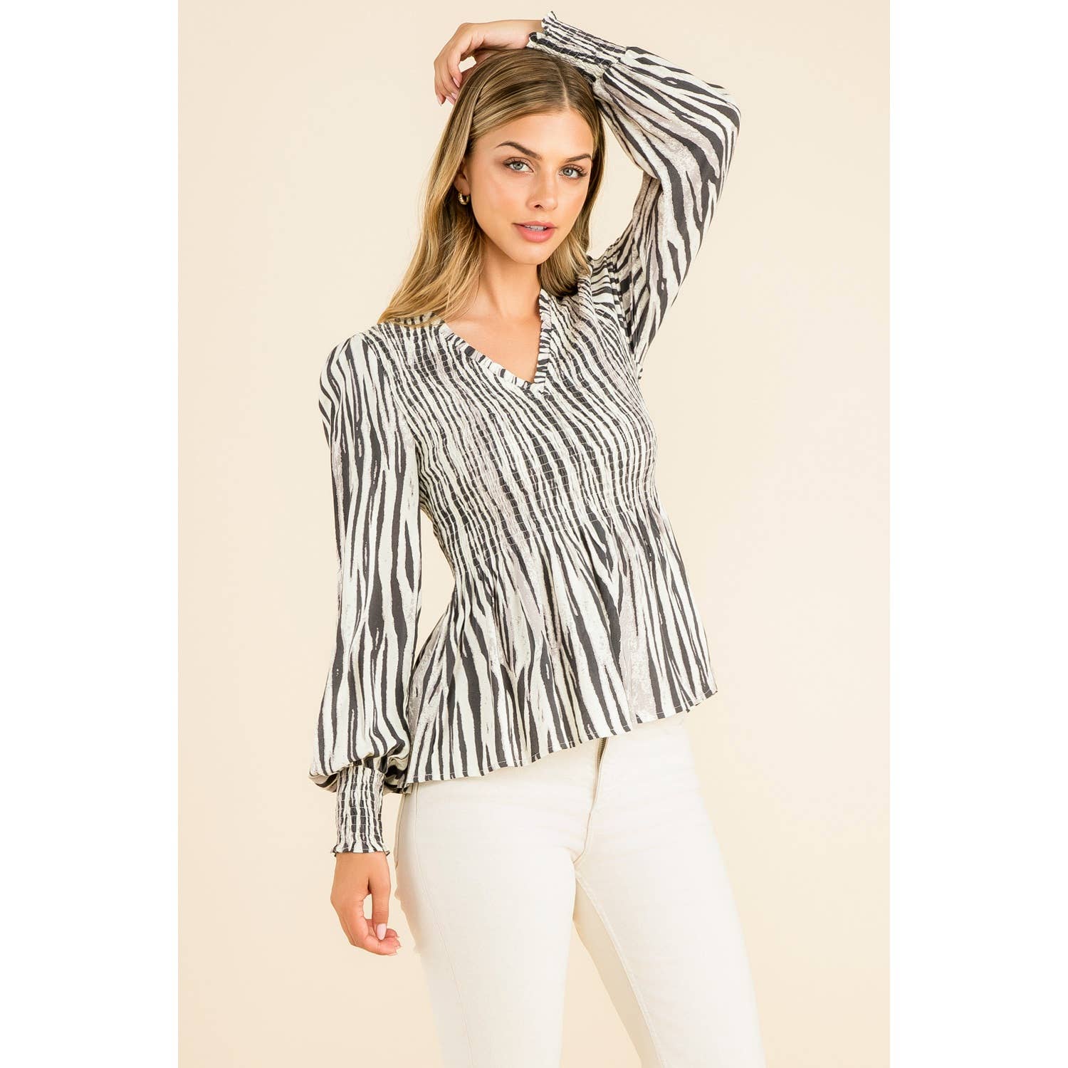 Smocked Zebra Print Top: GRAY / XS
