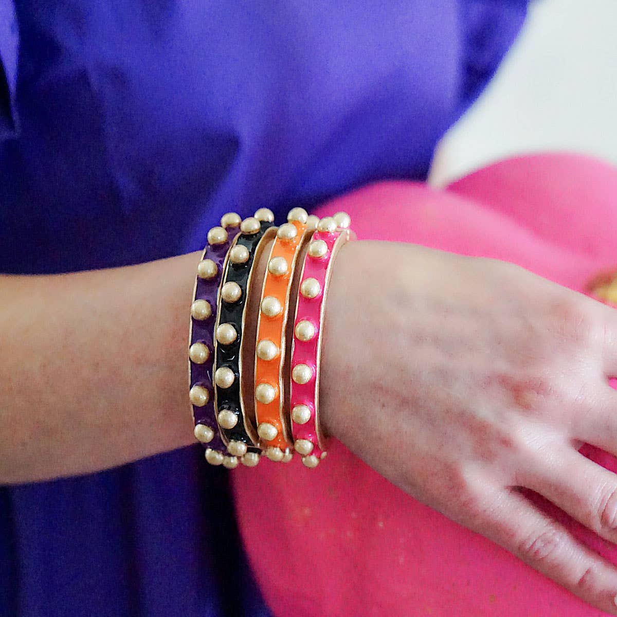Jenna Chunky Enamel Studded Metal Hinge Bangle: Orange Canvas Style