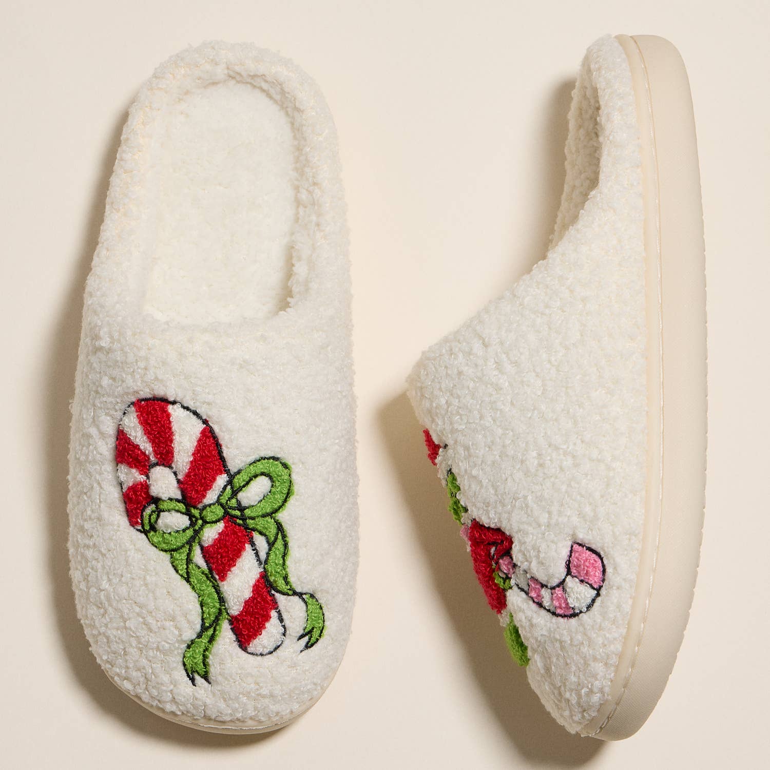 Whimsical Green Monster Slippers with Candy Cane Embroidery for Christmas Gift: IVPK / M(40-41)