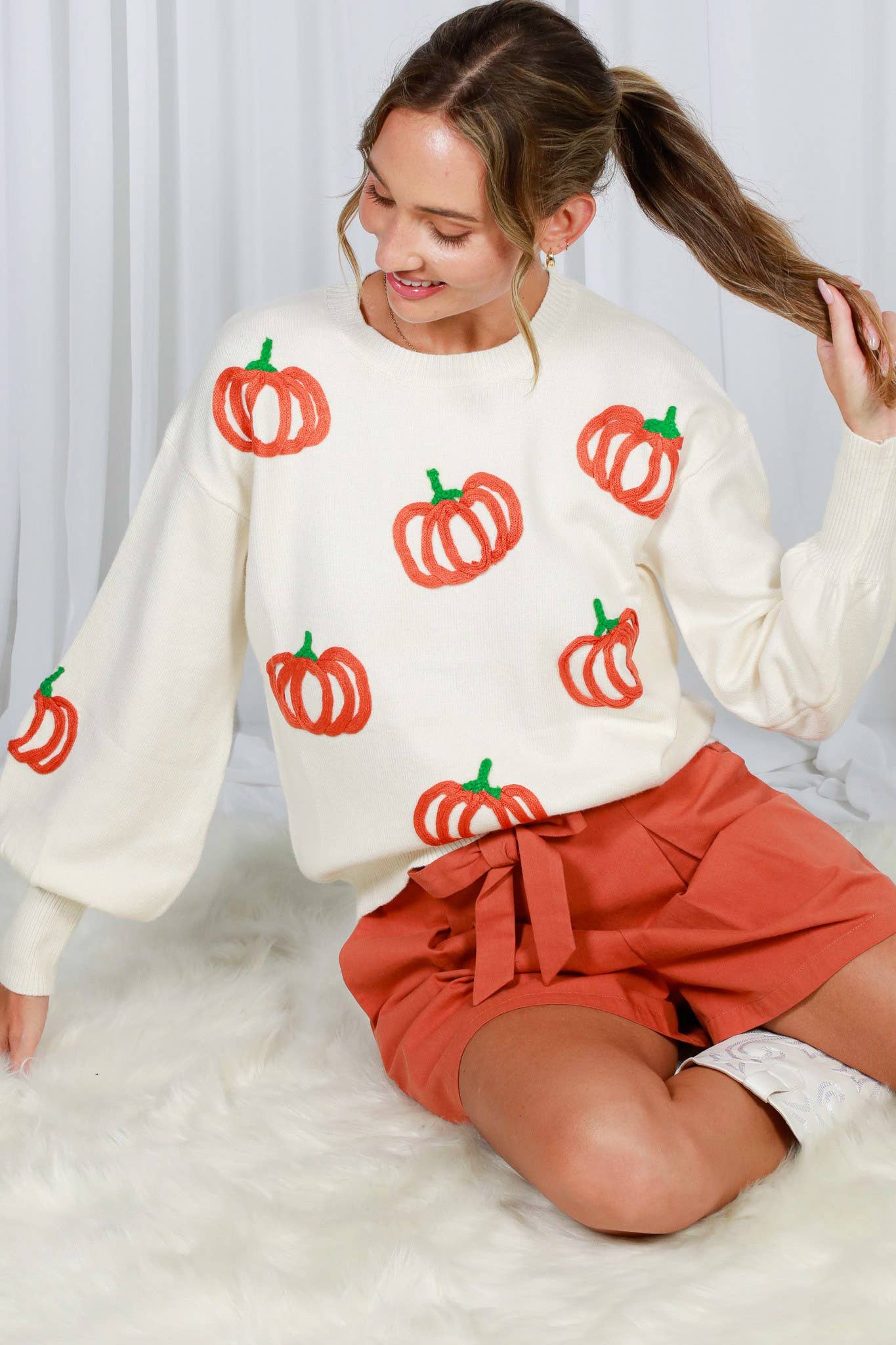 Pumpkin Embroidered Crew Neck Knitted Sweater Top VT82559: Pumpkin / L