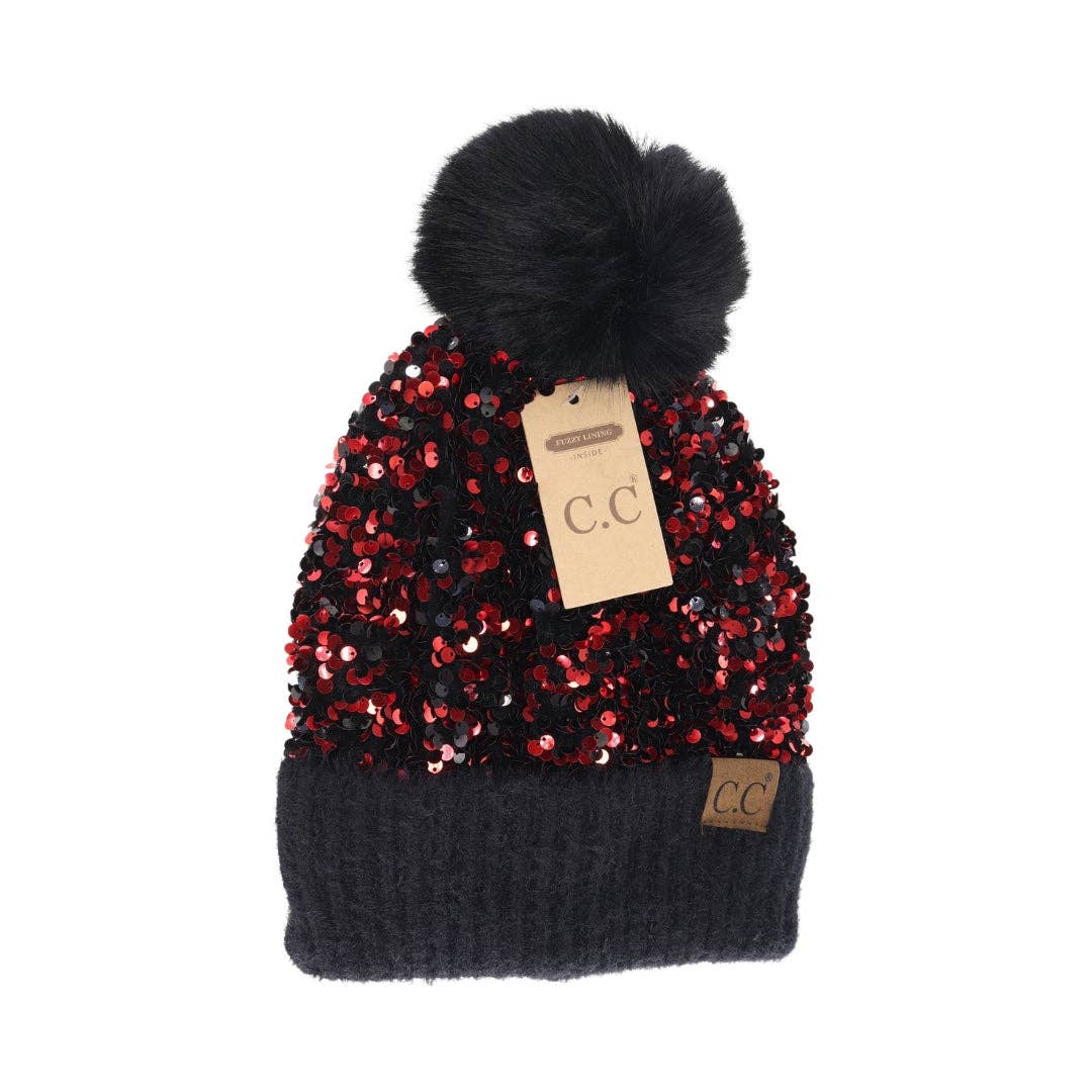 Cluster Sequin Faux Fur Pom C.C Beanie HTE0012: Hot Pink