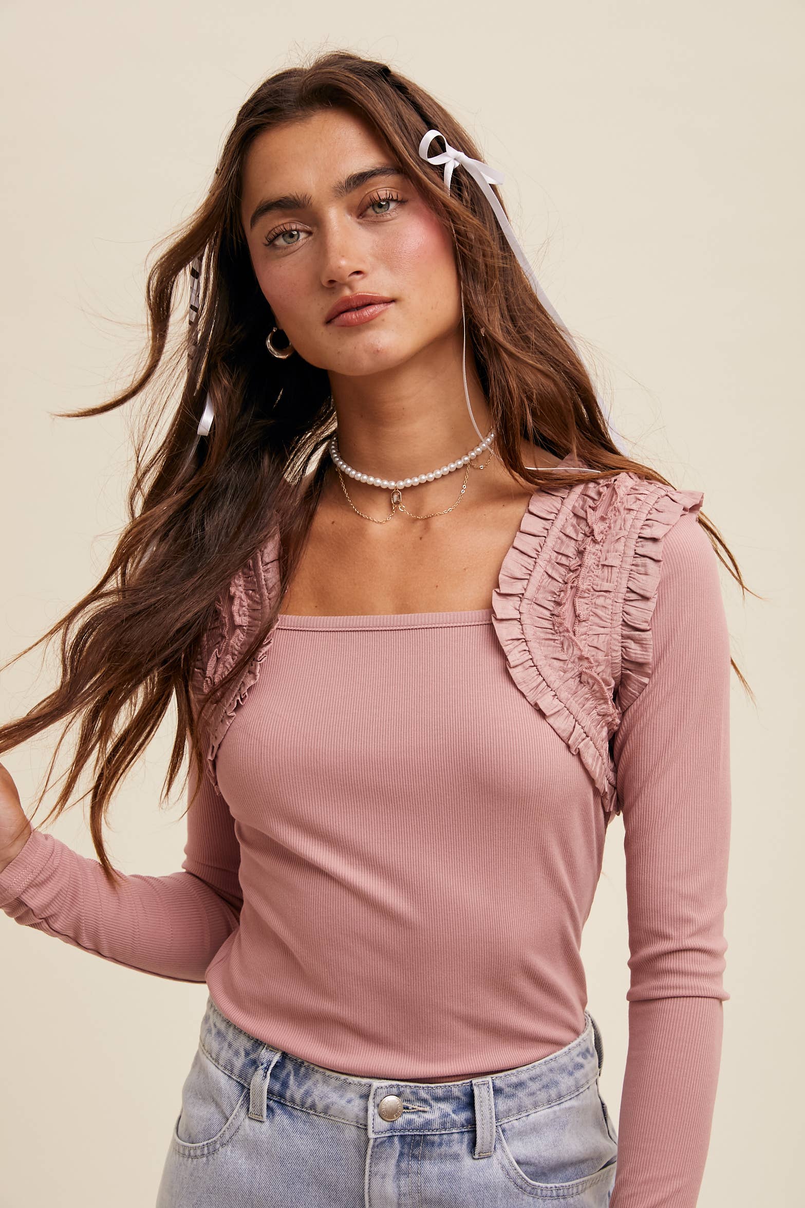 Square Neck Ruffle Accent Top: Black / XS