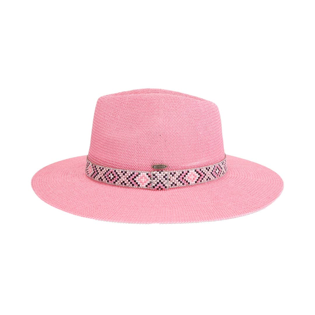 Knit Seed Bead/Rhinestone Band Panama Hat KPC0001: White