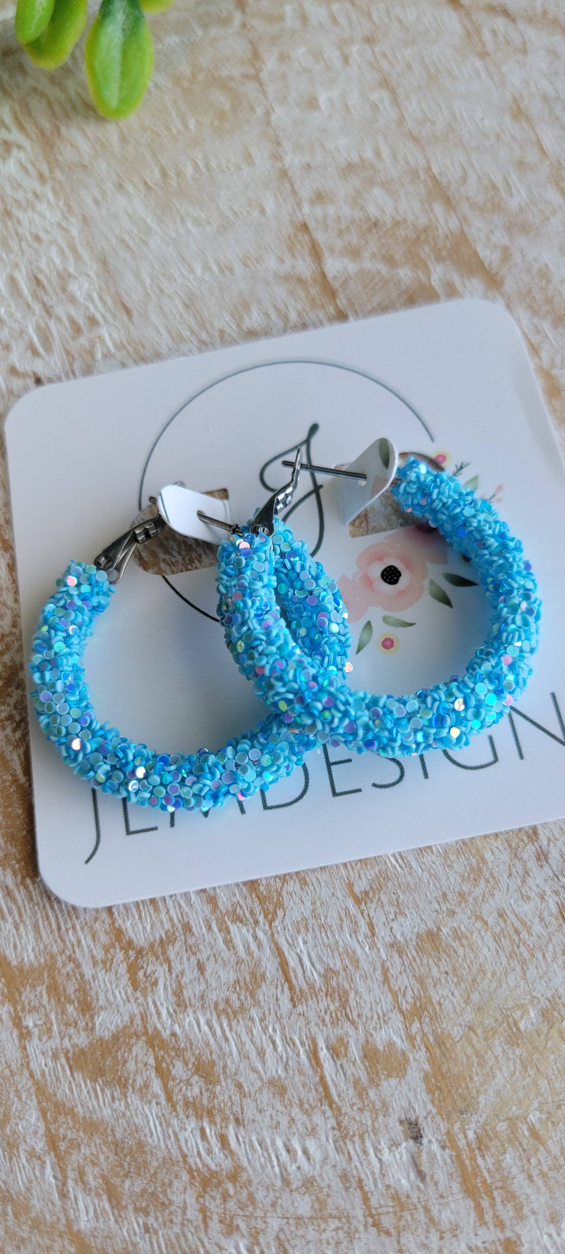 Blue Glitter Hoop Earrings in small