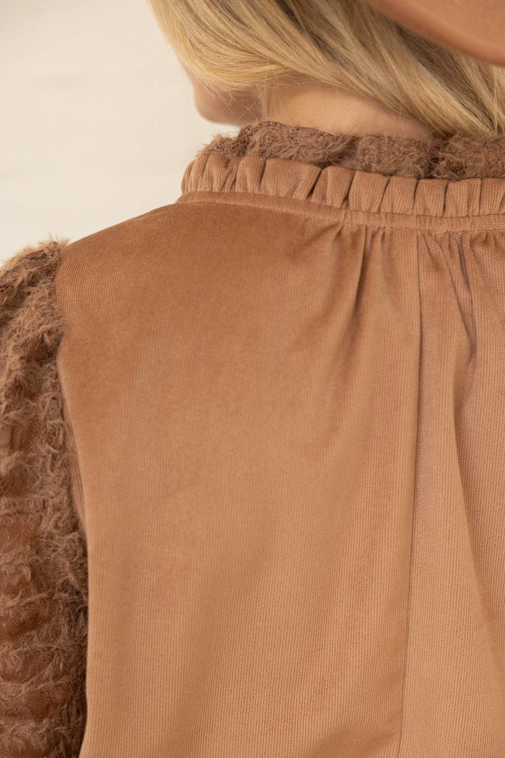 Voy Lace Long Sleeve Ruffle Detailed Corduroy Top: Brown