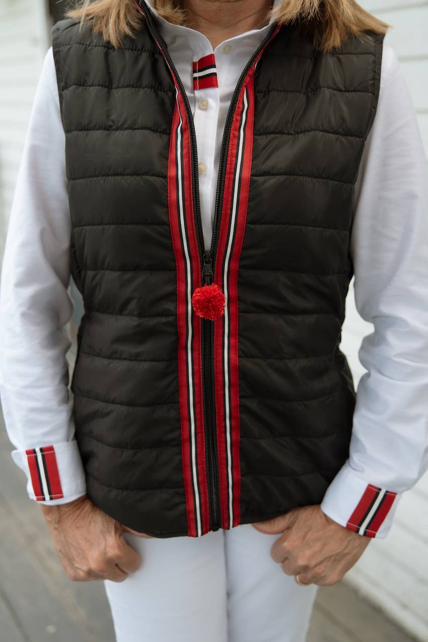 Maggie May Puffer Vest - Black w Black, White &amp; Red Stripe: Black w Black White &amp; Red Stripe Ribbon