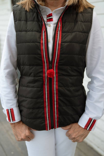 Maggie May Puffer Vest - Black w Black, White &amp; Red Stripe: Black w Black White &amp; Red Stripe Ribbon