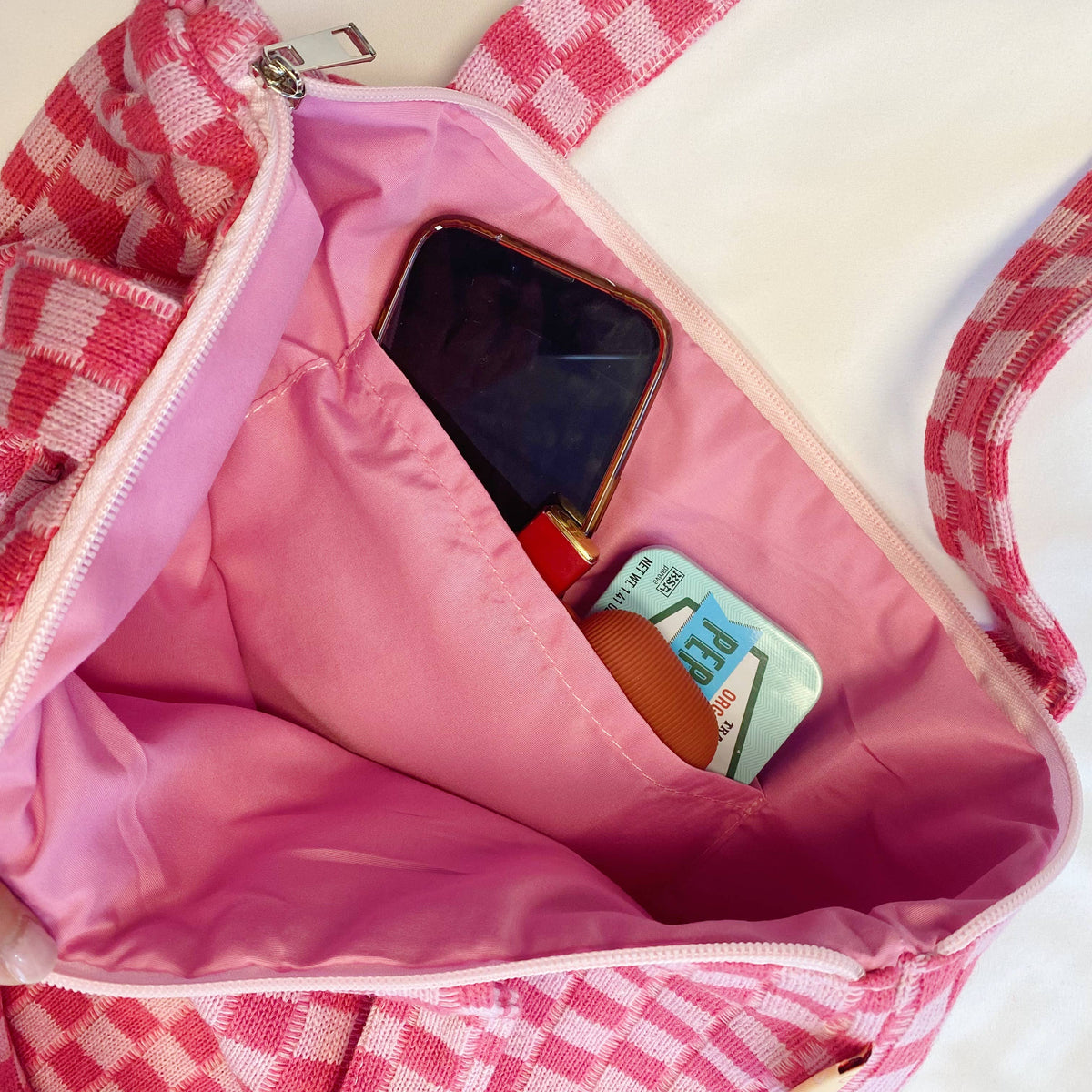 Check Yourself Zipped Tote Bag: Pink
