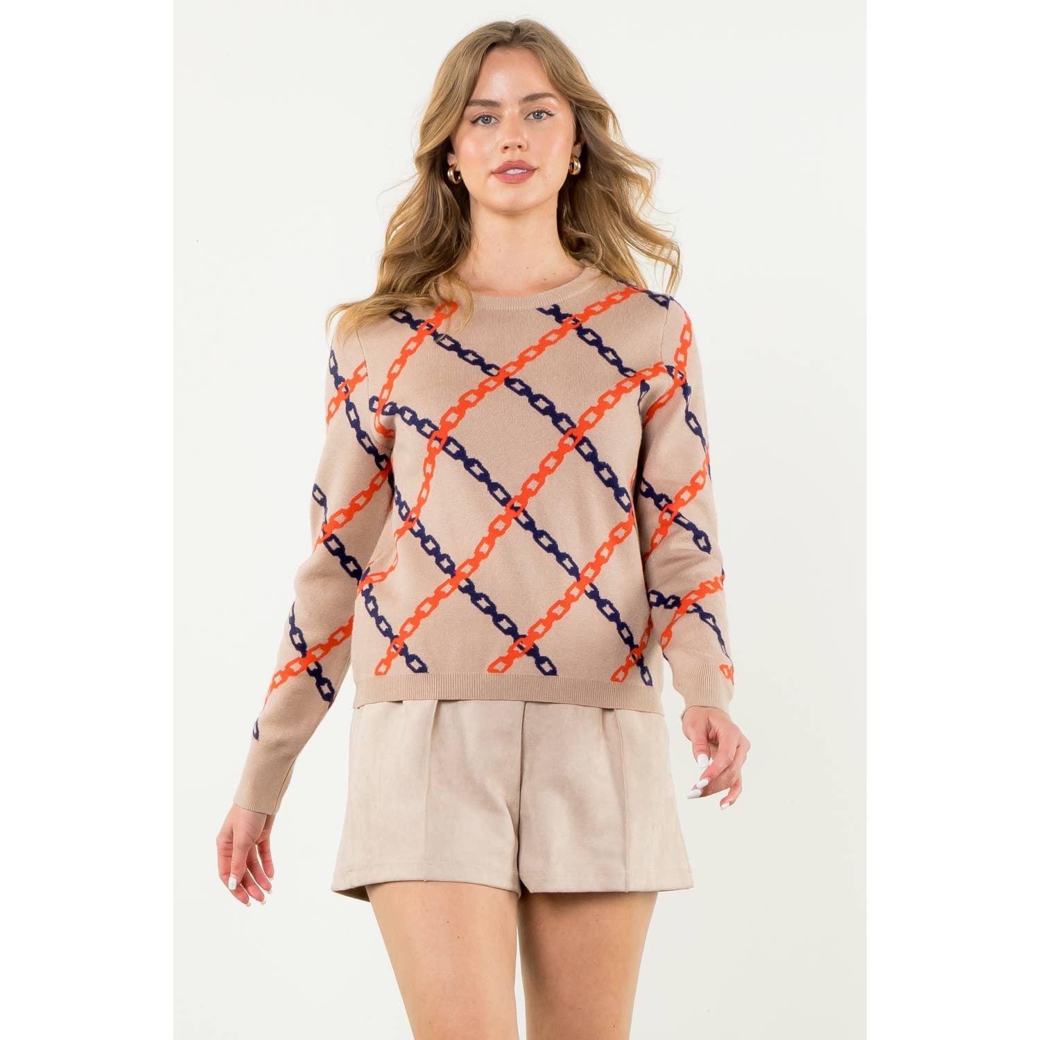 Chain Print Sweater: TAUPE / M
