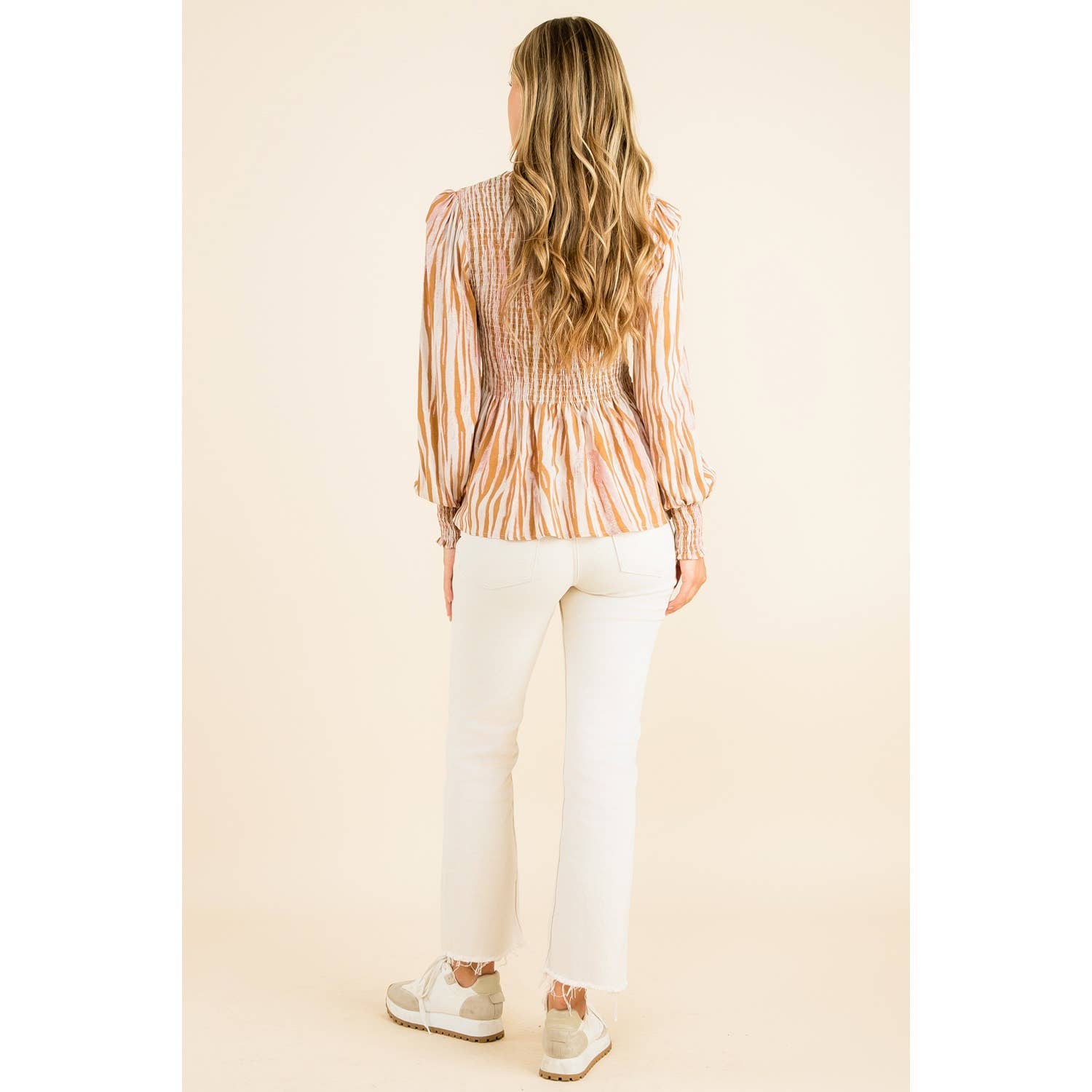 Smocked Zebra Print Top: GRAY / L