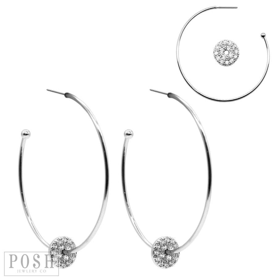 Hoop earring with rhinestone circle charm: Silver