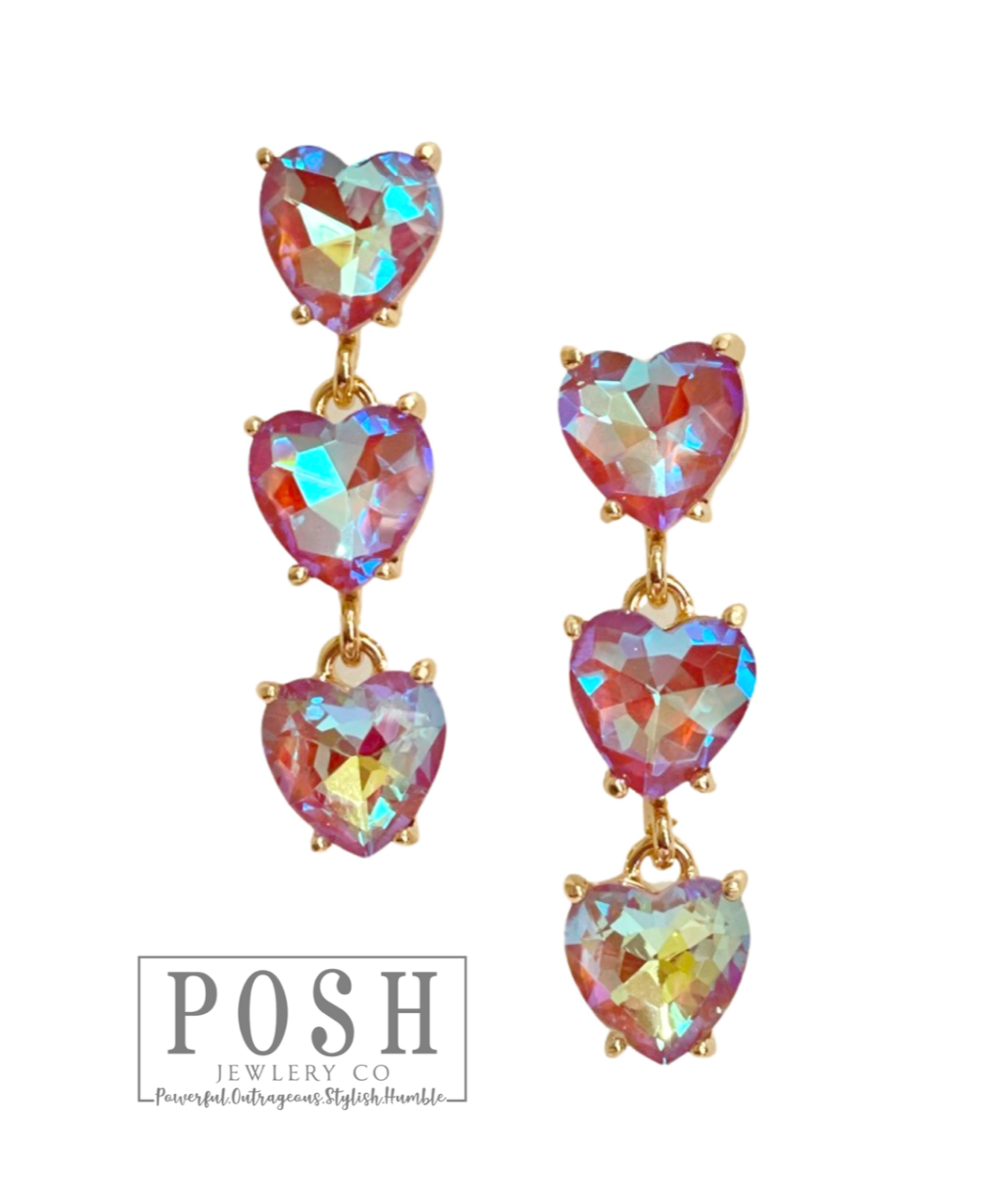 Triple heart rhinestone earring: Pink