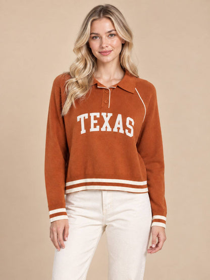 TEXAS Ace Polo Sweater: ORANGE/WHITE