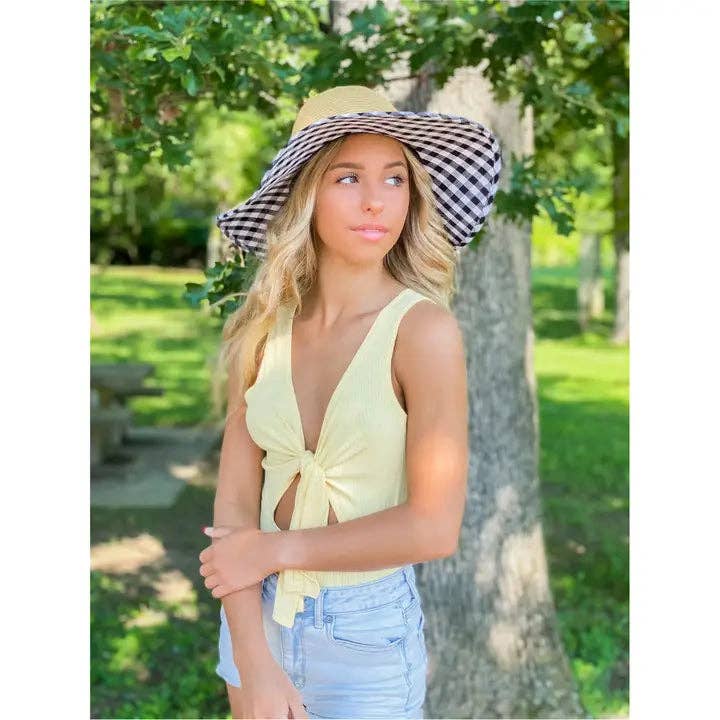 Straw Brim Hat w/Gingham Print ST3006: Hot Pink/White