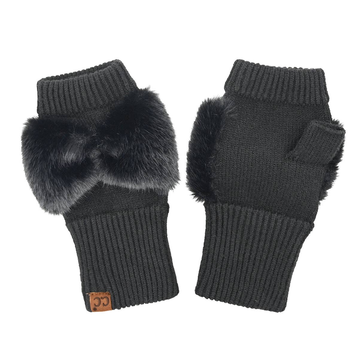 Faux Fur Bow Fingerless C.C Gloves FGE0155: Black