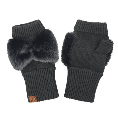 Faux Fur Bow Fingerless C.C Gloves FGE0155: Black