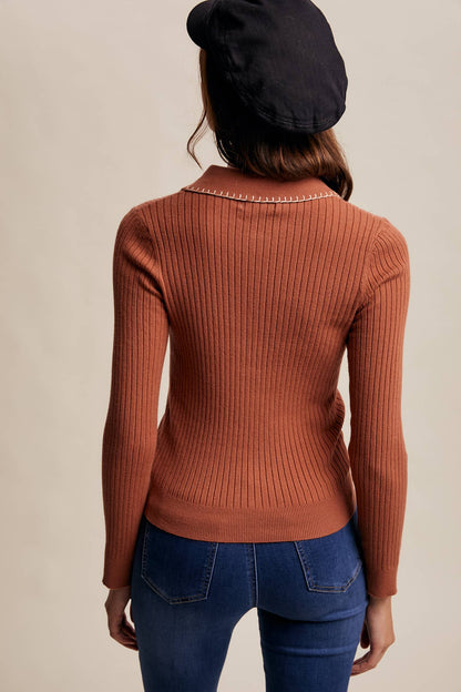 Contrast Stitch Ribbed Knit Top LSW0998: Black / M