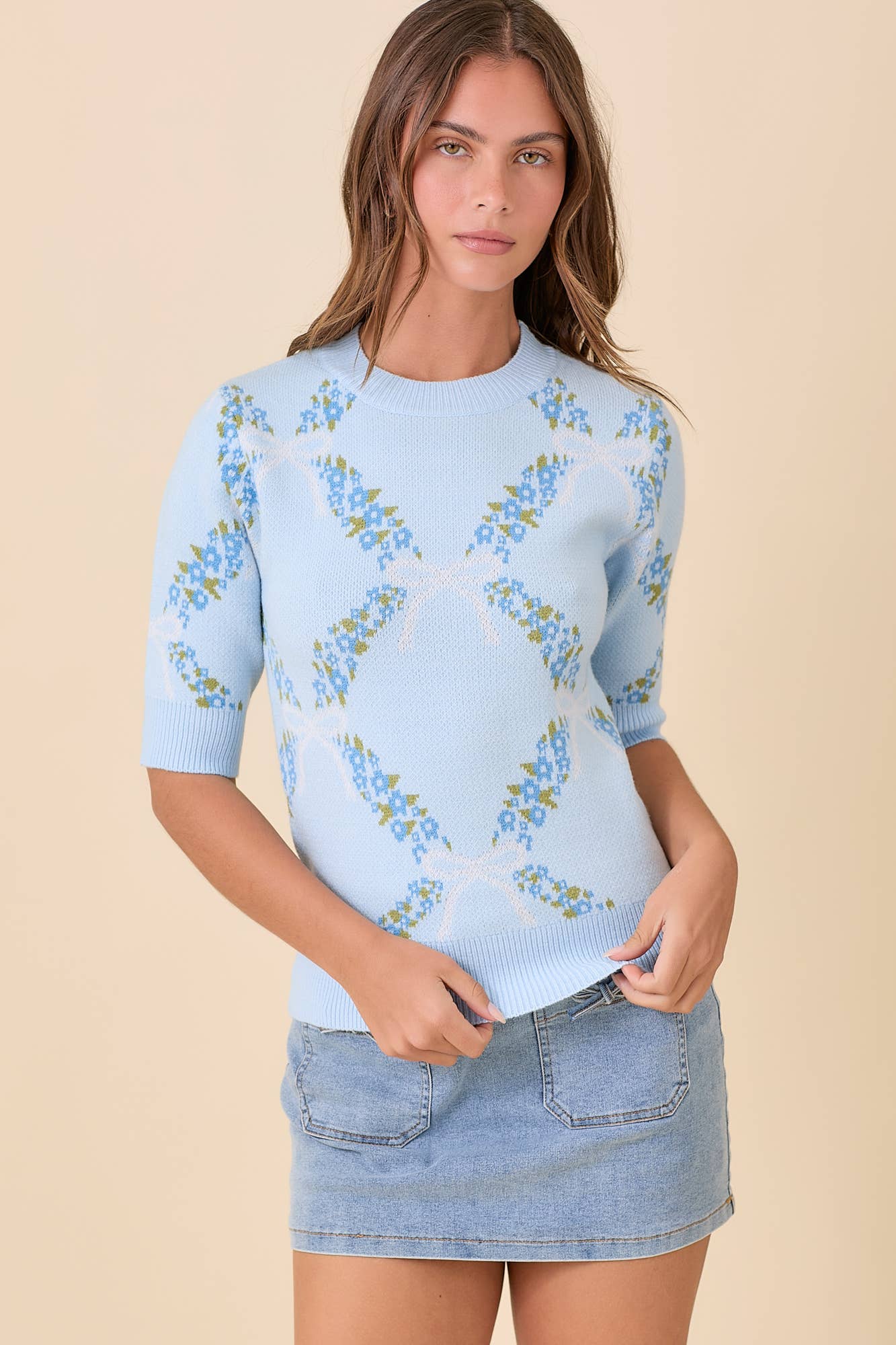 Floral Ribbon Print Sweater Knit Top: BLUE / S