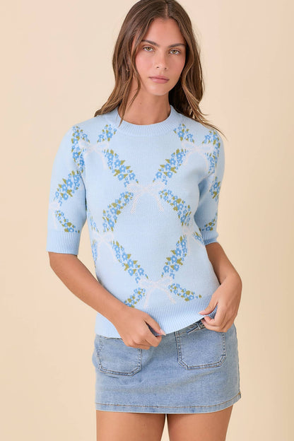 Floral Ribbon Print Sweater Knit Top: BLUE / S