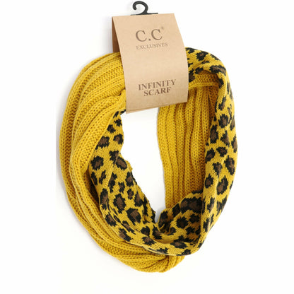 Ribbed Knit Leopard Accent CC Infinity Scarf SF80: Black