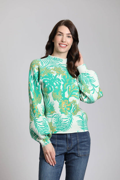 Ivory Foliage Sweater w/Puff Sleeve: MULTI / S