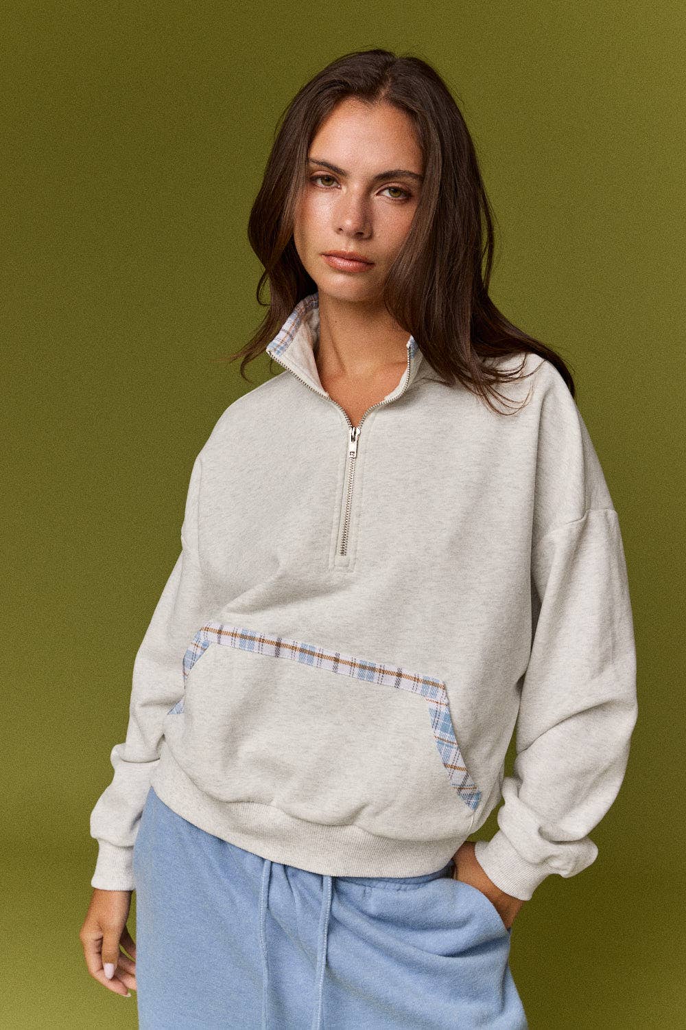 PT20138 Caroline Plaid Trim Quarter Zip Pullover: NAVY / S-M-L (2-2-2)