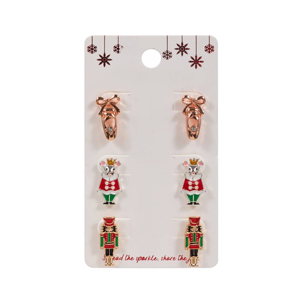 3Pairs - Nutcracker Soldier Mouse King Ballet Shoe Stud Earring Set: Red