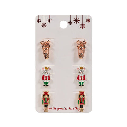 3Pairs - Nutcracker Soldier Mouse King Ballet Shoe Stud Earring Set: Pink