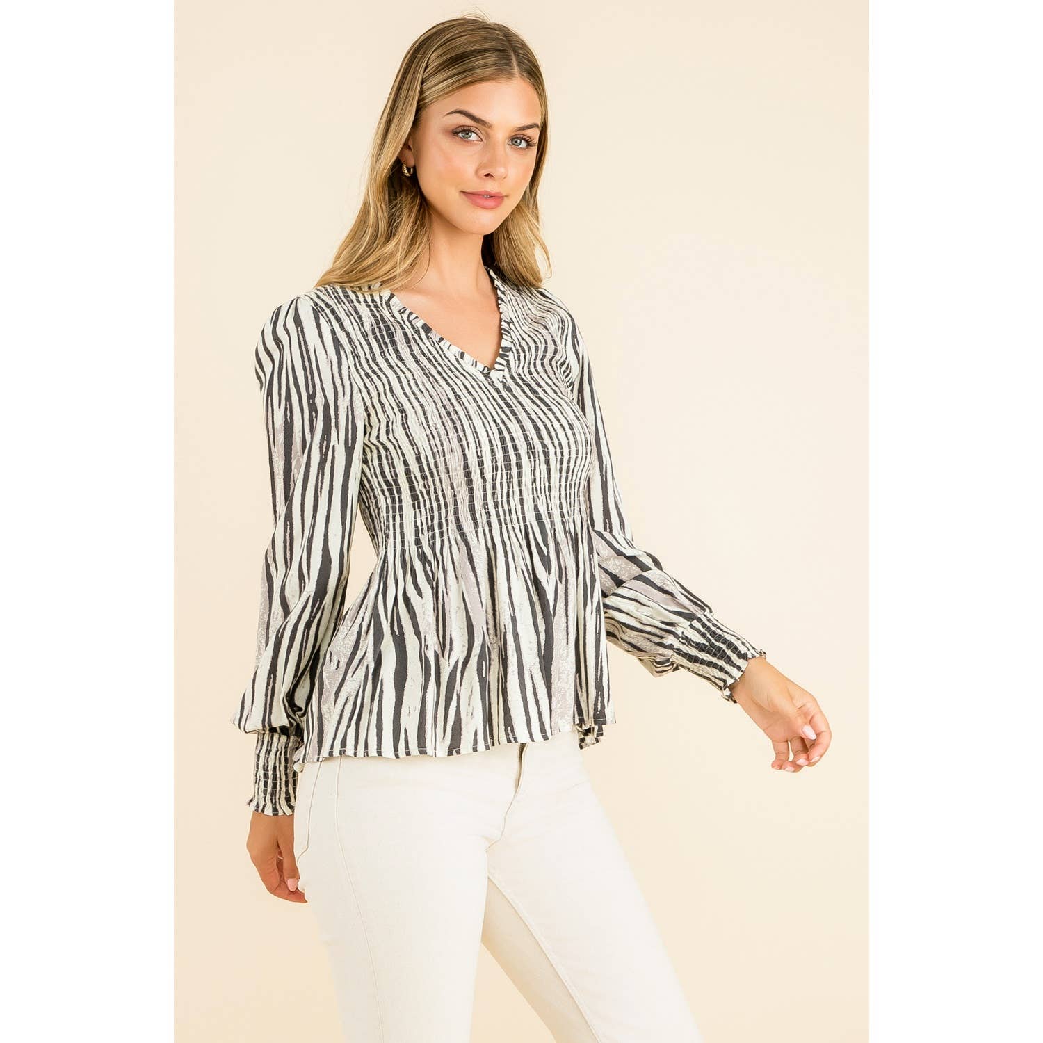 Smocked Zebra Print Top: GRAY / L