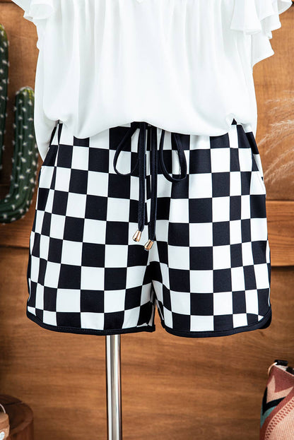 Fashion-W Checkered Drawstring Waist Casual Shorts: Pink / Missy / S