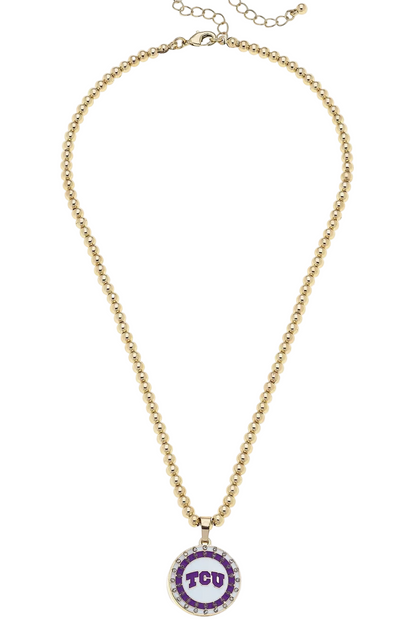 TCU Horned Frogs Pave Disc Necklace in Shiny Gold