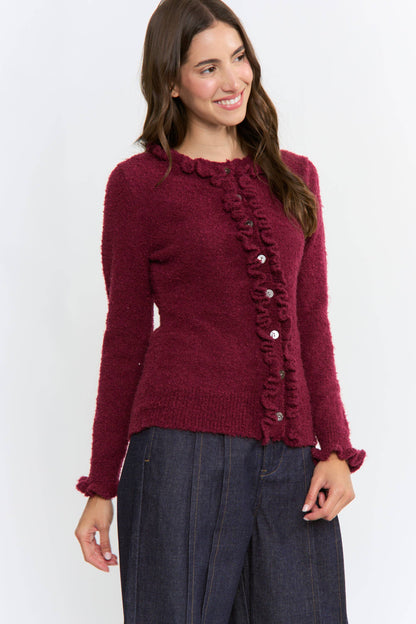 CEW26312 COZY RUFFLED-TRIMMED CARDIGAN: Burgundy / S-M-L(3-2-1)