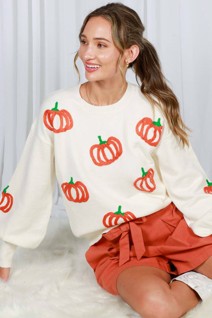 Pumpkin Embroidered Crew Neck Knitted Sweater Top VT82559: Pumpkin / L