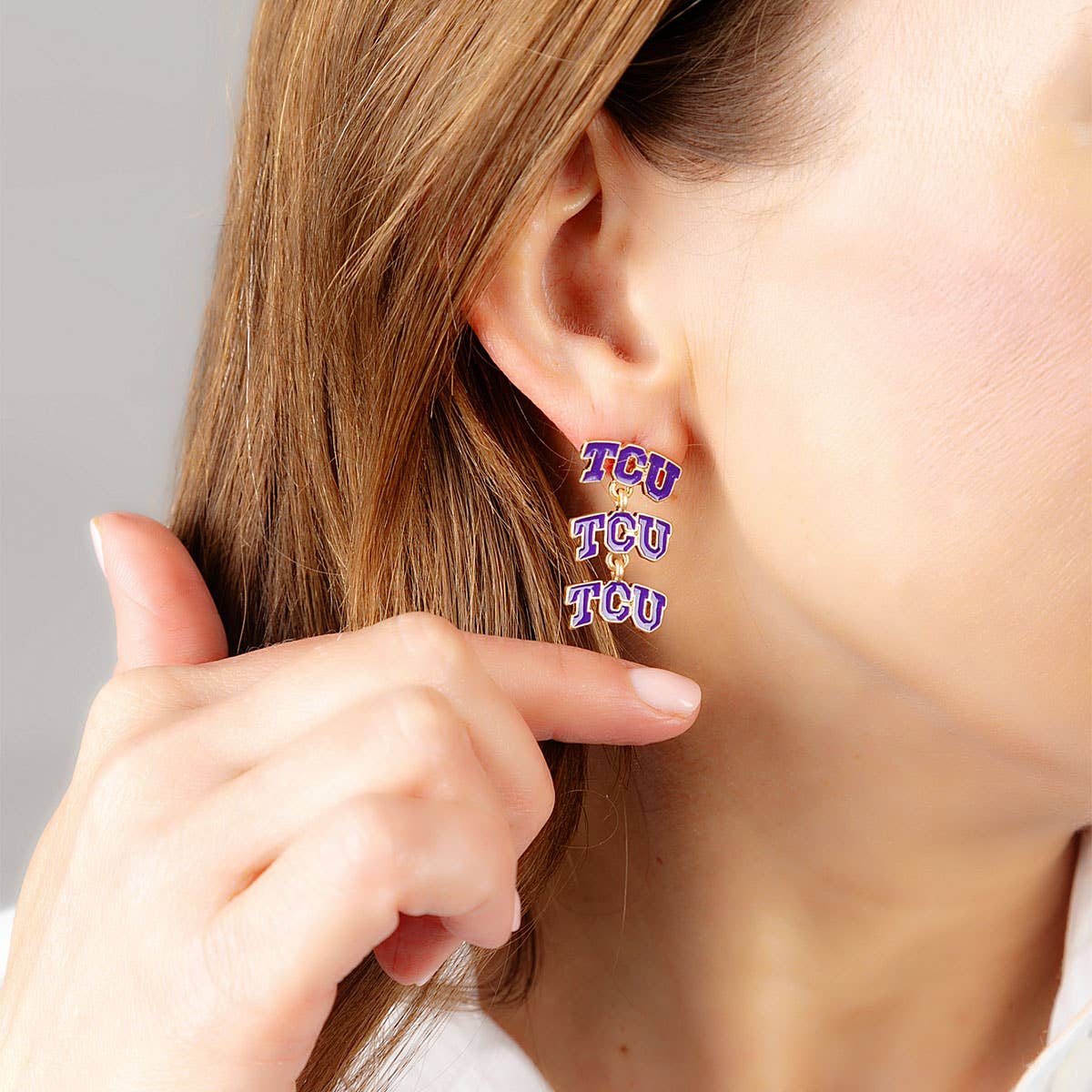 TCU Horned Frogs Triple Drop Enamel Earrings in Purple